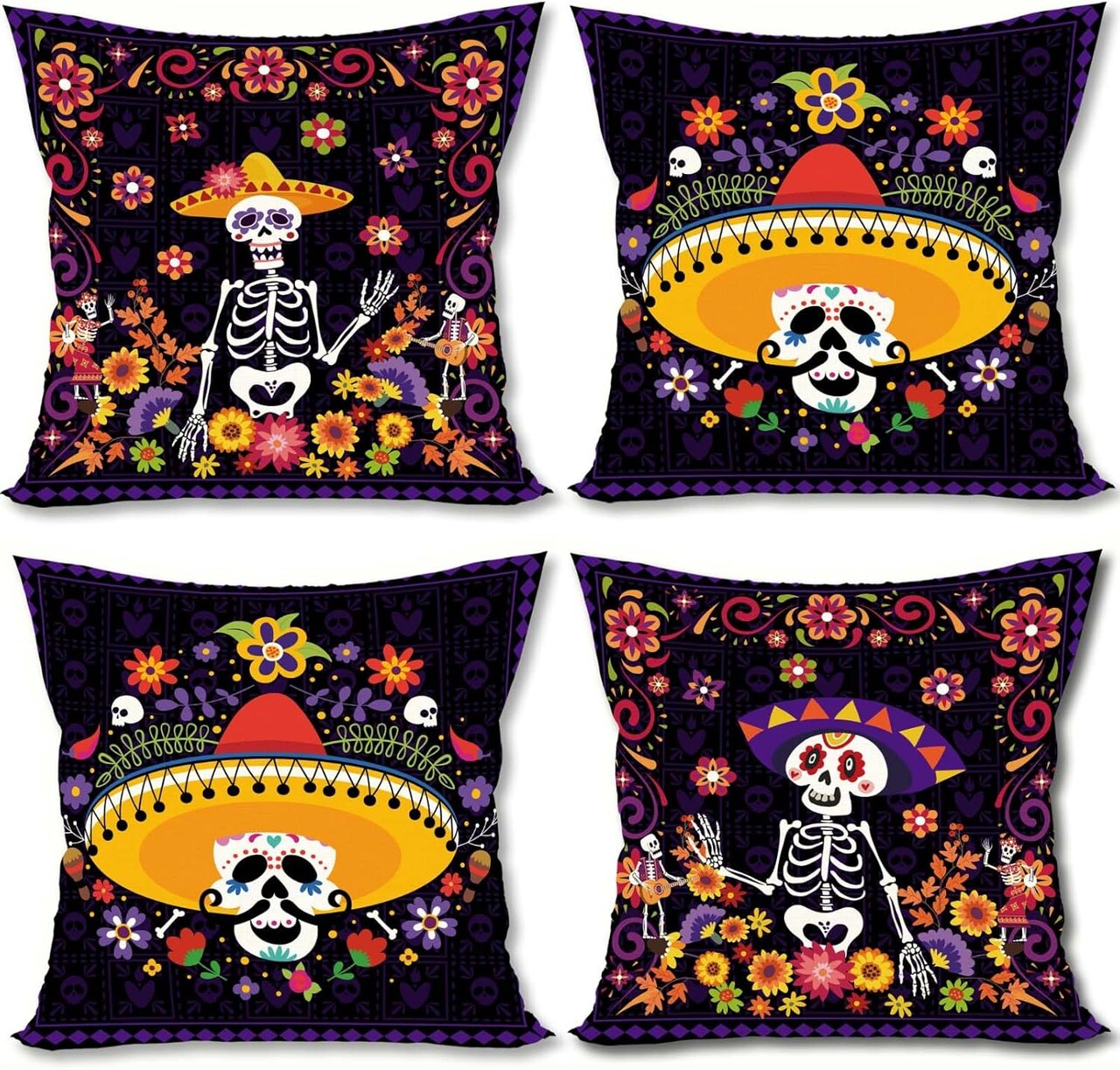 Day of The Dead Pillow Covers Dia De Los Muertos Sugar Skull Flower Throw Pillow Covers 18x18 Set of 4 Day of The Dead Deocr Pillow Case